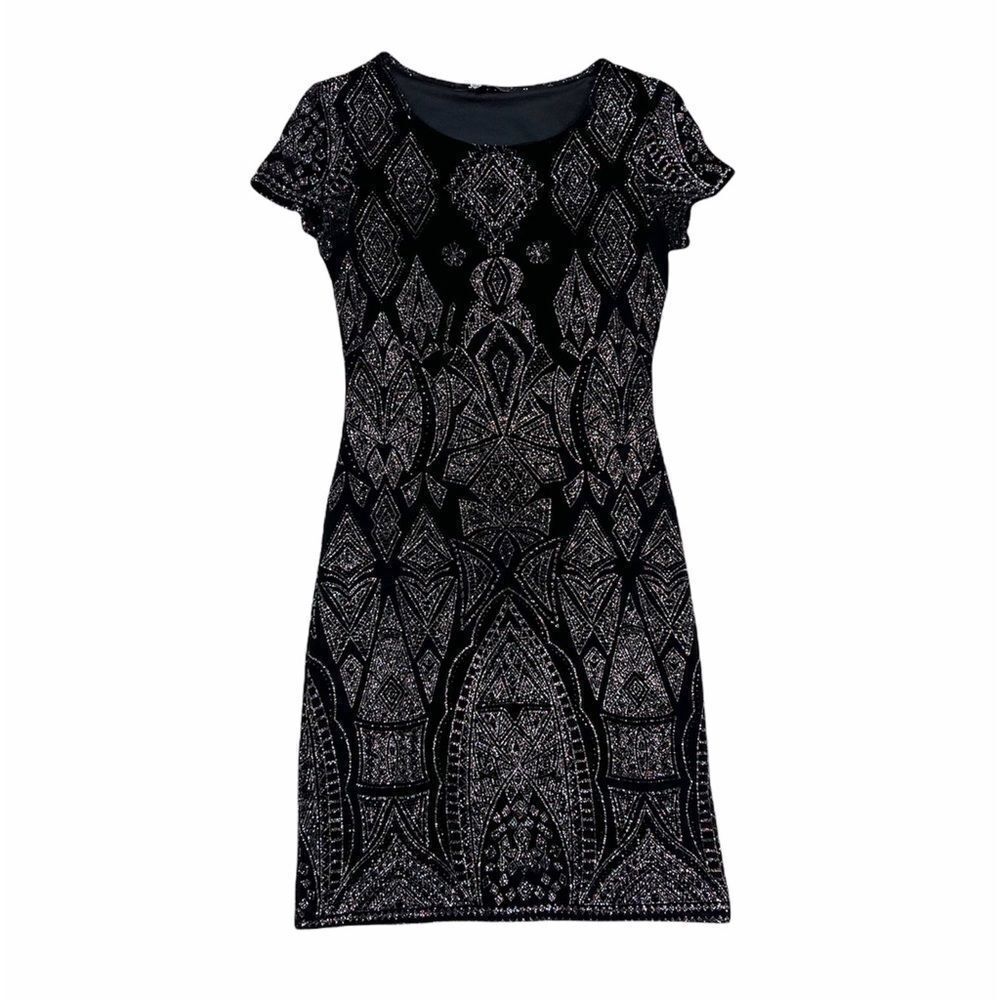 Jump Apparel Y2K Black Short Sleeve Rainbow‎ Glitter Stretch Bodycon Dress Small